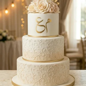 wedding-cake-1-lg كيكة زفاف ثلاثية الطبقات بنقشة فلورال ولمسات ذهبية