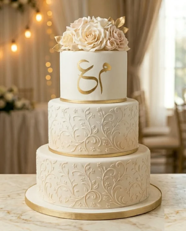 wedding-cake-1-lg كيكة زفاف ثلاثية الطبقات بنقشة فلورال ولمسات ذهبية